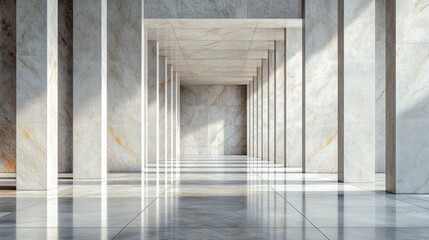 Obraz premium Empty marble colonnade hallway, sunlight streams in