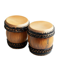 Two beautifully crafted wooden drums, bongos with decorative patterns, ready to enhance any musical experience. Isolated on transparent white background, png	
