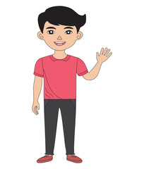Happy Boy Standing with Raised Hands Joyful Vector Illustration.