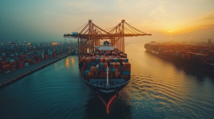 Cargo Ship Navigating a Busy Port During Sunrise with Containers