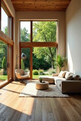 Serene Living Room with Expansive Views and Natural Light Bathing Hardwood Floors