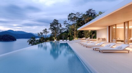 Fototapeta premium Luxury villa infinity pool, sunset view, tropical island