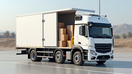 Fototapeta premium Large white truck its back door open loading Optimizing Delivery: Boxes Packed