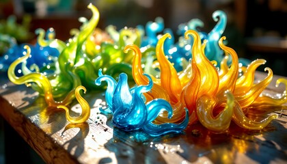 Colorful Artistic Glass Sculptures Displayed on a Rustic Wooden Surface