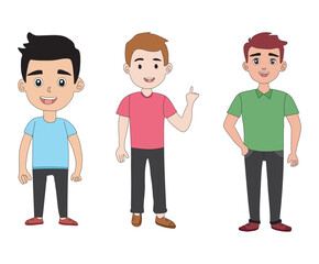 vector illustration of cartoon people. Happy Boy Standing with Raised Hands Joyful Vector Illustration. Boys Icon Set.