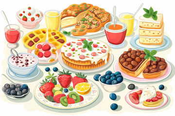 illustration of easter breakfast, brunch, dinner, lunch, food