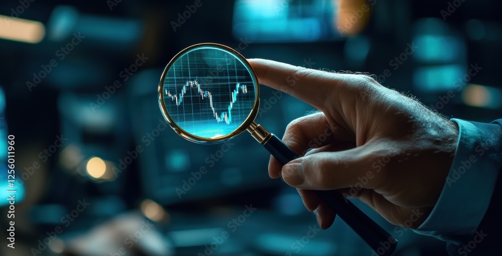 Poster businessman closely examining a digital financial chart using a magnifying glass, highlighting focus