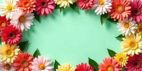 Obraz premium Vibrant Gerbera Daisy Floral Frame on a Pastel Green Background, Perfect for Springtime Celebrations and Festive Greetings