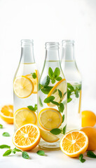 Fototapeta premium Lemon, cucumber and mint water in glass bottles. Sassy water for detox or dieting on white background. Healthy eating, weight loss, lifestyle concept, colorful. with white shades