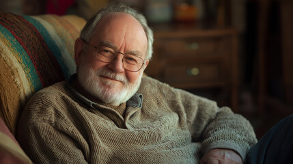 Senior man, portrait and retirement in house for relax, peace and positive mood on weekend on sofa