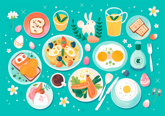 illustration of easter breakfast, brunch, dinner, lunch, food