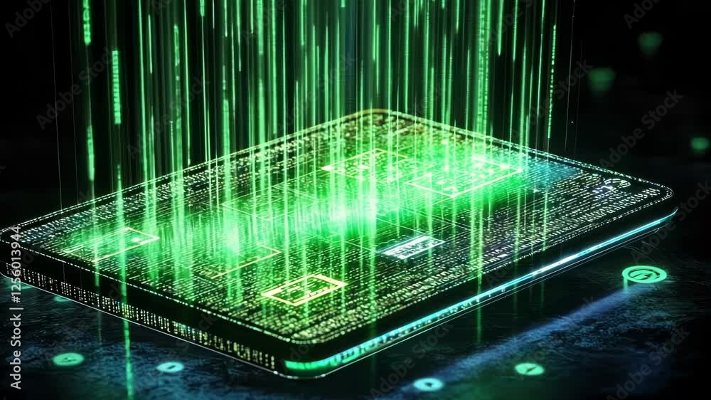 Poster futuristic transparent tablet receiving a stream of binary code, showcasing the concept of data tran