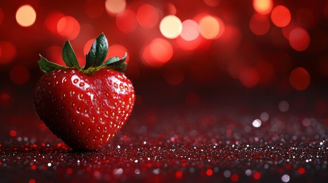 Heart-shaped strawberry, red glitter, bokeh background, romantic