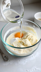 Baking: adding water to pastry ingredients, isometry. with white shades