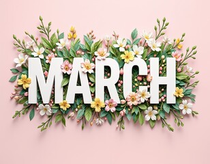 March typography with colorful floral arrangement on pink background. 3D text design with flowers and leaves. Springtime season and nature concept for greeting card, poster, and wallpaper.