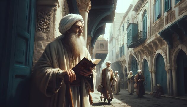 rue de tunis,1444, un homme ag&eacute;, avec une barbe, vetu en blan, prend un livre dans sa main, une bequille en bois dans l autre main, devant une maison avec une architecture tres ancienne, des passagers