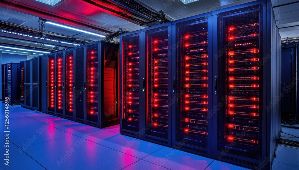 Aufkleber Rows of illuminated server cabinets in a high-tech data center, showcasing the advanced technology behind cloud computing and virtual networks