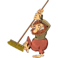 An overgrown, shaggy-haired man with a beard angrily waves a floor brush. cartoon caricature.