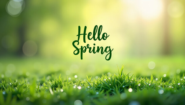 Hello Spring green typography over fresh grass with morning sunlight