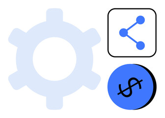 Gear representing efficiency with a dollar sign symbolizing finance and a share icon illustrating connectivity. Ideal for business, technology, productivity, finance, collaboration, optimization