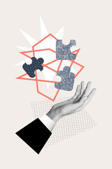 Exclusive vertical photo collage of business hand show puzzle piece strategy solution development...