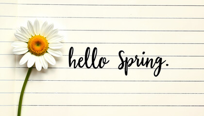 Naklejka premium Hello Spring black handwritten typography on lined paper with white daisy