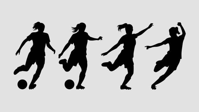 A vector set of woman soccer player silhouette icons, showcasing various dynamic poses such as dribbling, kicking, passing, and celebrating a goal. 