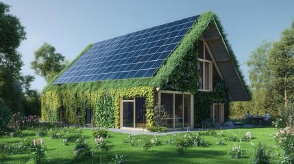 Obraz premium A tall building covered in lush greenery and plants on every balcony, surrounded by trees and other buildings, with a rooftop garden and solar panels, showcasing urban sustainability and green archite