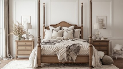 Traditional bedroom with a four-poster bed, quilted bedding, and ornate bedside tables with classic lamps
