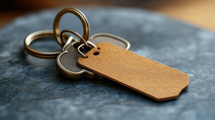 Hotel key, blank tag, stone surface, indoor, close-up