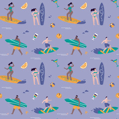 Fototapeta premium Young adult characters surfing, seamless pattern. Surfers in swim wear riding sea waves on surfboards, texture background. Wallpaper template. Summertime activity, vacation.