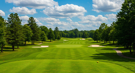 Obraz premium A picturesque golf course with vibrant green grass, scattered trees, and a stunning blue sky dotted with fluffy white clouds, creating a serene and inviting landscape