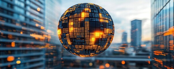 Global data sphere over city. Tech future concept