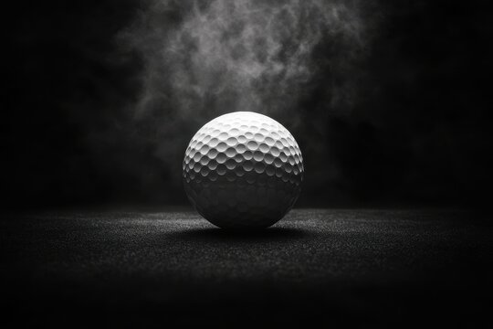 A golf ball surrounded by mist exudes an aura of mystery and focus in low light, emphasizing its textured surface and pristine condition