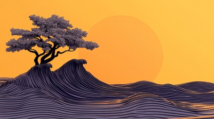 Tranquil digital art depicting a stylized tree on a wave at sunset.  Warm orange hues contrast with cool purples.