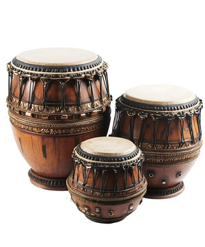 Traditional wooden drums with intricate designs and natural finish, showcasing craftsmanship and musical heritage. Isolated on transparent white background, png	
