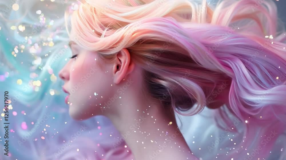 Poster this soft pastel colors blend in a captivating display as long hair flows gracefully in the air.