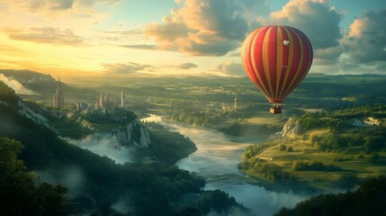 Vibrant hot air balloon soaring over lush hills, colorful sunset backdrop, adventure and exploration theme, wide scenic view.