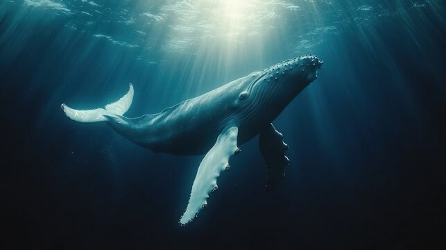 Humpback whale swimming ocean sun rays underwater wildlife