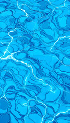 Fototapeta premium Marble bright blue water river surface with ripples, natural water background, doodle art. with white shades