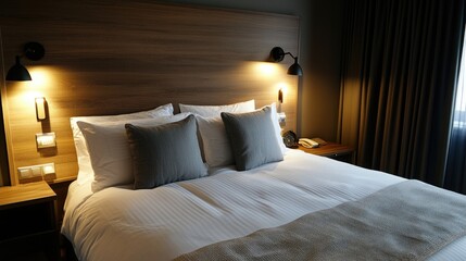 Tranquil bedroom with a headboard for stability, bedside lamps for balance, and natural materials for grounding energy