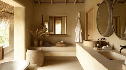 Tranquil bathroom with natural materials, mirrors placed thoughtfully, and a clean, organized layout for refreshing energy