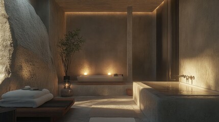 Tranquil Zen bathroom with smooth stone walls, minimal fixtures, and soft lighting that creates a spa-like atmosphere for relaxation