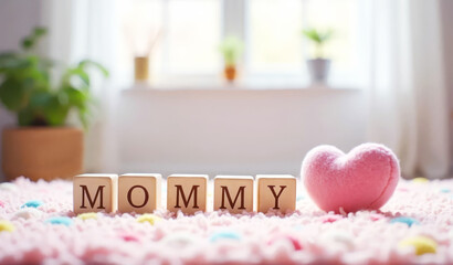 Inscription mommy made of wooden cubes on colorful carpet on background of children's room. Mother's Day concept