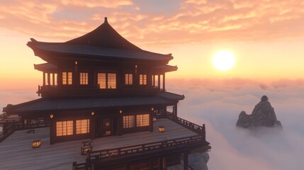 Serene sunset view from a majestic East Asian temple perched high above the clouds.