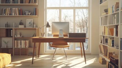 Trendy home office with a wooden desk, modern shelving, and a comfortable chair set in a spacious, bright environment