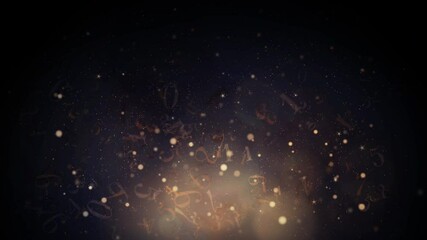 Mystical animation of numbers flying up with glowing particles and stars on a dark background. Bright bokeh. Looped motion graphics. - Powered by Adobe