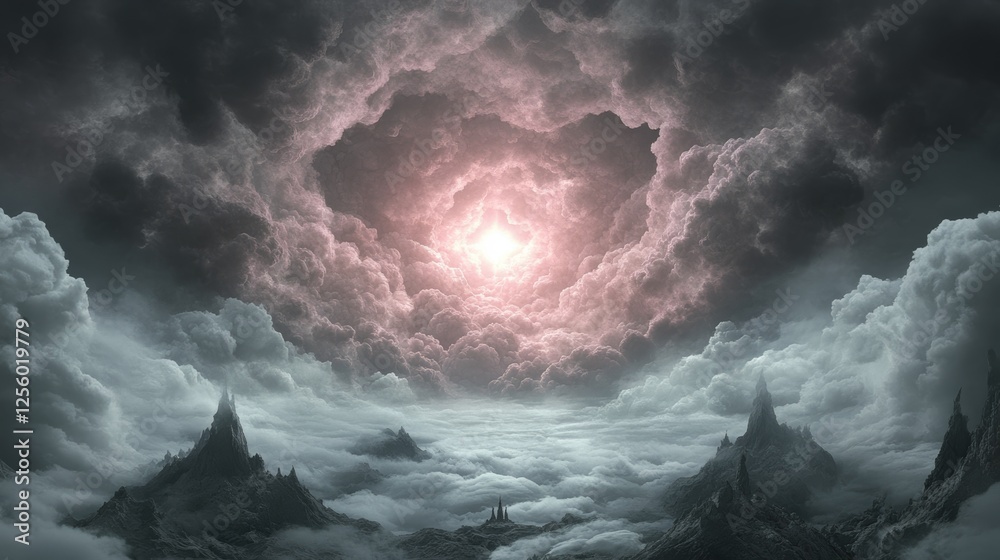 Poster A breathtaking fantasy landscape where dark, brooding mountains rise from a sea of clouds, all illuminated by a mystical, ethereal light.