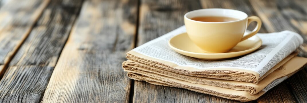 Tea & Newspaper on Rustic Wood. Morning News