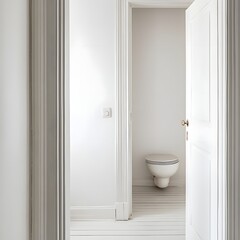 Obraz premium White Wall with Bathroom Door Open Revealing Toilet Seat Inside